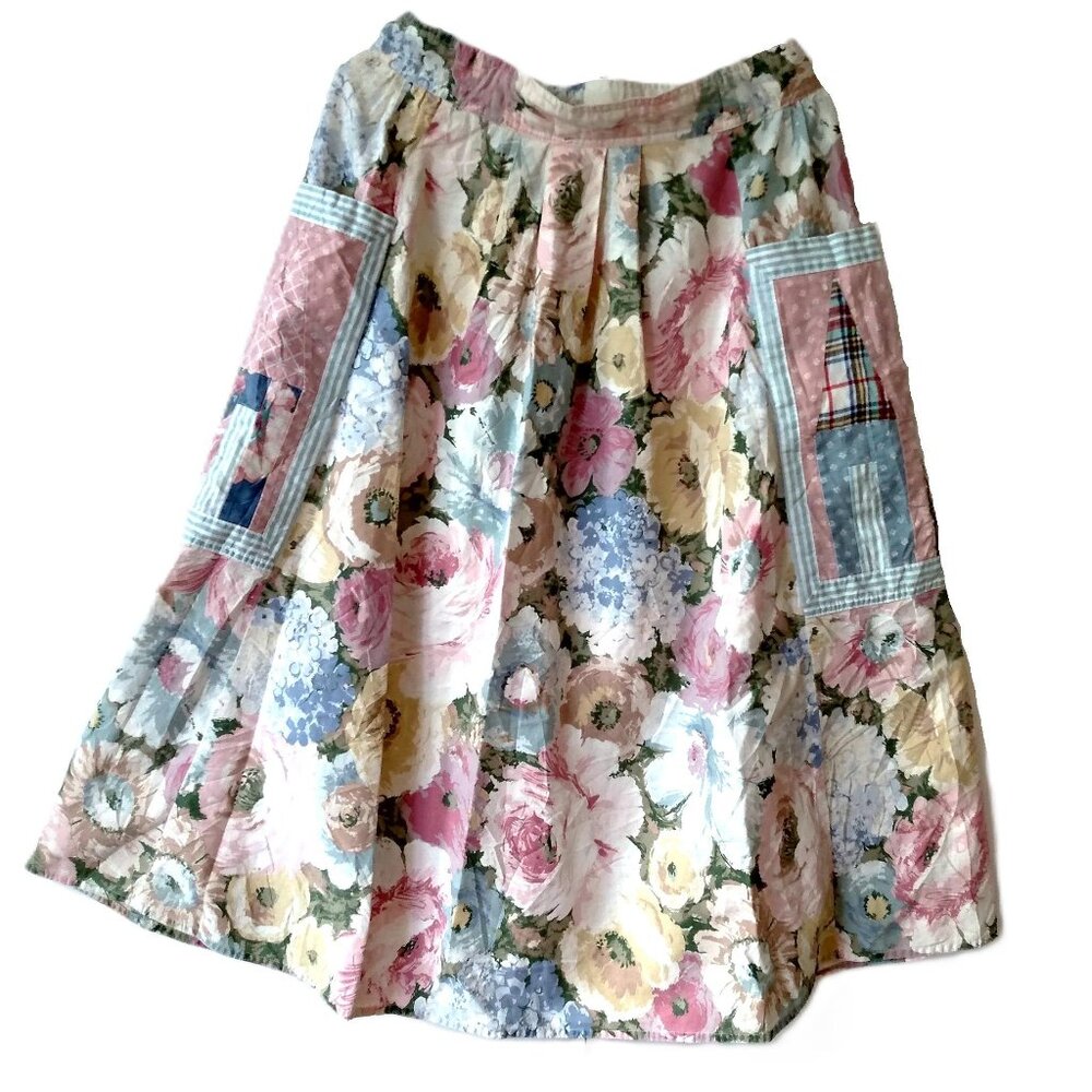 Vintage 80s Skirt with Quilted Pockets Pink Floral Cottagecore